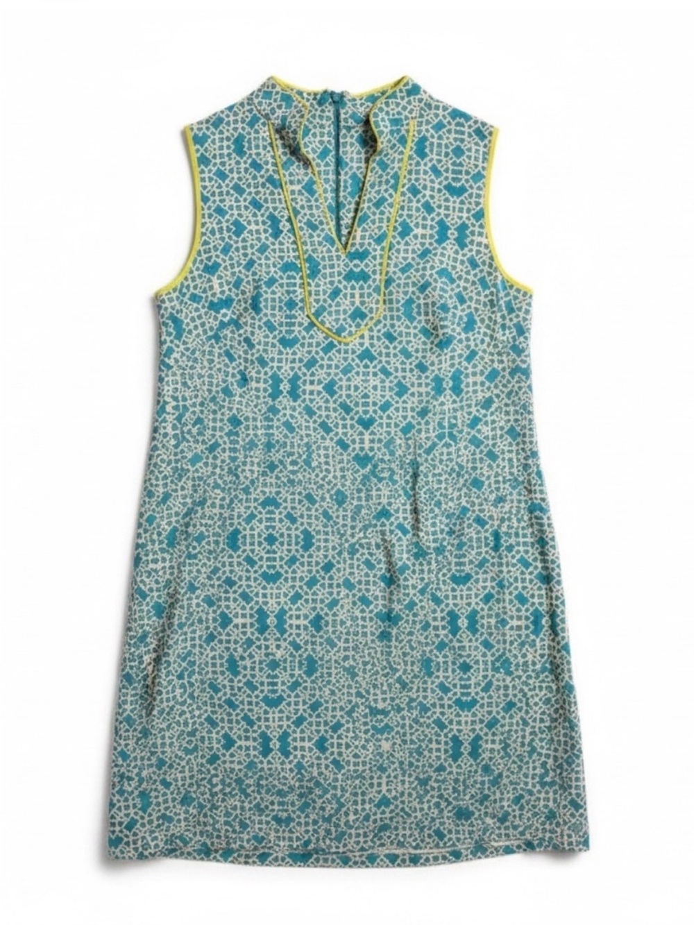 Eliza J Teal and Cream  Printed Sleeveless Shift Dress with Yellow Trim Size 10